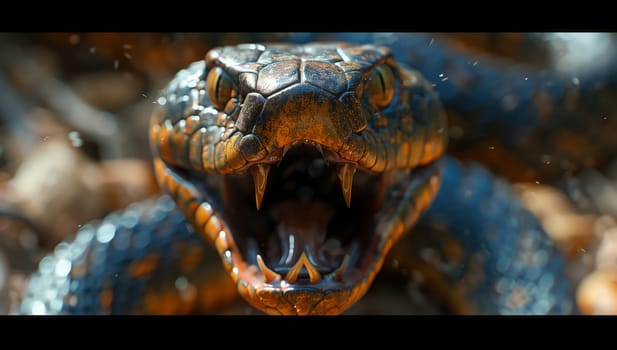 A close up of a terrestrial animal, a reptile of the species Chelonoidis, with its jaw wide open, revealing an electric blue snout in the darkness. The symmetry of the wildlife resembles a turtle