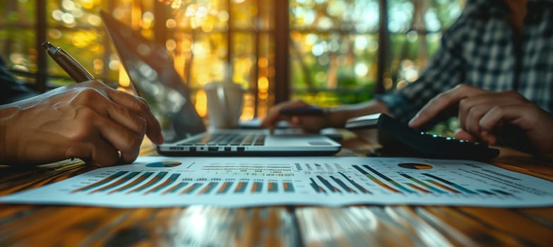 Two individuals are seated at a table with a laptop and calculator, perhaps discussing music, engineering, or recreational activities involving musical instruments and accessories