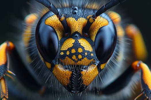 A closeup of a yellow and black wasps face, showing its intricate compound eyes and antenna. This arthropod is a pollinator and can be mistaken for a bee or bumblebee