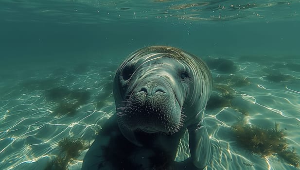 A marine mammal, the manatee, a carnivore, is swimming underwater, showcasing its electric blue hue. Marine biology and wildlife science observe its snout as it looks at the camera