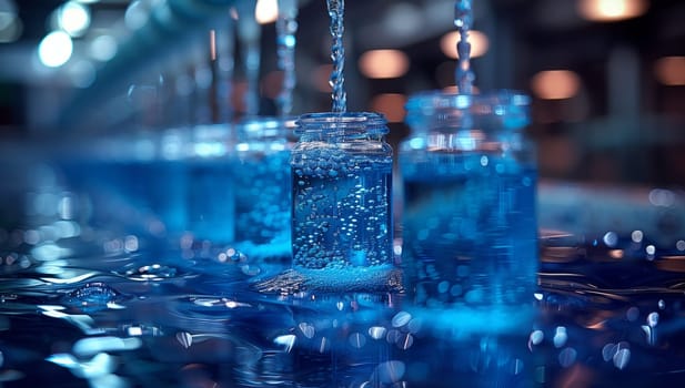 A close up of an electric blue fountain with liquid flowing out into a glass drinkware in the city. The transparent material shines under the aqua fluid