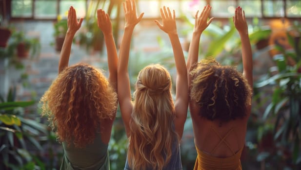 Three women are standing in a natural environment with their hands in the air, showcasing a beautiful display of terrestrial plants and vegetation around them