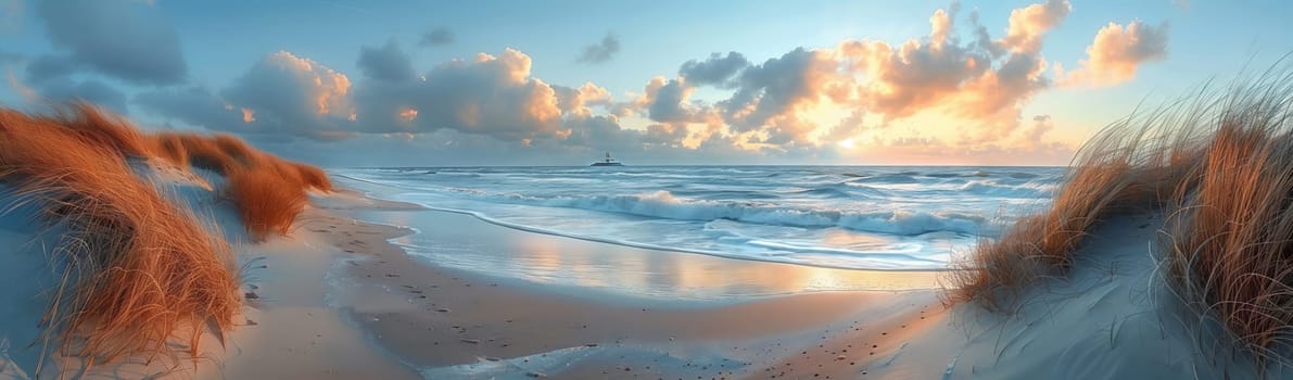 A hazy image of a beach at dusk, with a sunset creating a colorful afterglow on the horizon. The sky is filled with cumulus clouds reflecting on the water, creating a serene natural landscape