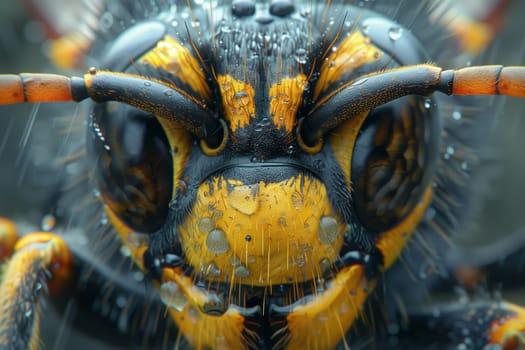 Macro photography closeup of a water dropletcovered insects head, showcasing the symmetry and intricate details of an arthropod, invertebrate pest