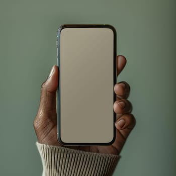 A person is holding a rectangular portable communications device with a blank screen. They are making gestures with their thumb on the metal gadget, which is an electronic display device