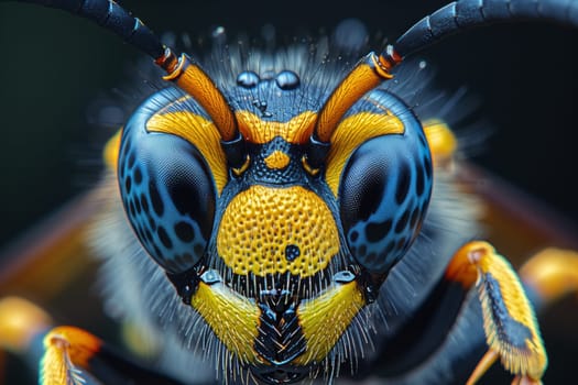 A closeup of the head of an electric blue and yellow wasp, a symmetrical arthropod with compound eyes. Macro photography captures the detail of this membranewinged insect, a common pest