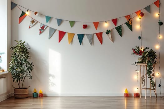 Colorful holiday flags in the form of a garland on the wall. The garland hangs in two rows. Congratulatory background with place for text. Holiday concept