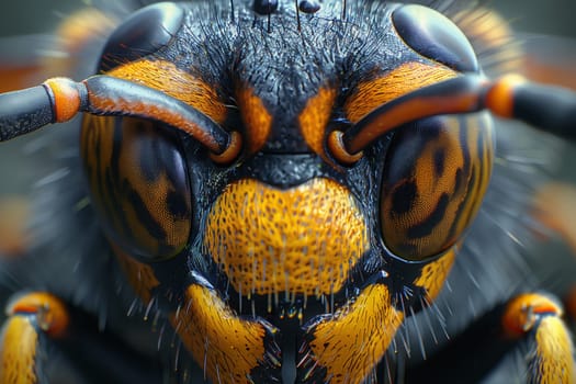 A closeup of an arthropods head with its eyes closed, possibly a wasp or honeybee. This terrestrial animal, known as a pollinator, has a distinctive snout and is often considered a pest