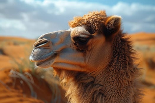 A close up of a camels head in the desert, against a backdrop of a clear blue sky with fluffy clouds. The camelid looks happy in its natural terrestrial landscape