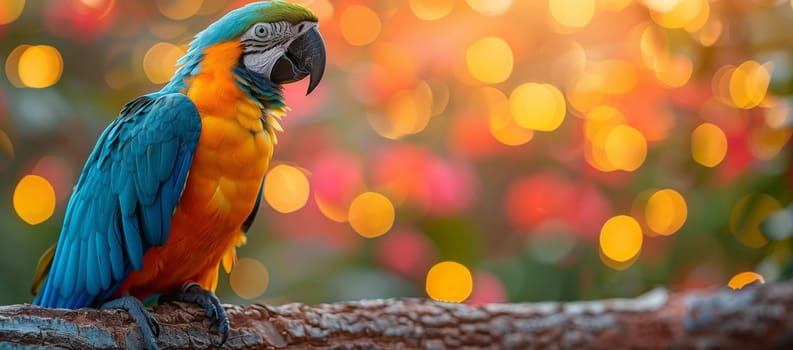 A colorful Macaw parrot is happily perched on a tree branch in nature. Its vibrant feathers, beak, and wings stand out against the green plants, resembling a joyful parakeet