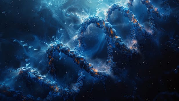 A computergenerated image of a galaxy in space resembling a cloud of electric blue water floating in the sky, creating a natural landscape in the world beyond the horizon