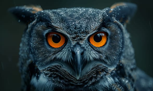 A close up of an Eastern Screech owls head with striking orange eyes staring directly at the camera, showcasing its grey feathers, beak, and beautifully colored iris