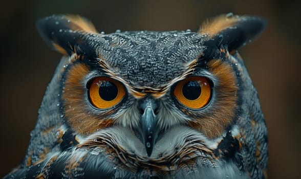 A closeup photograph of a great horned owls head with mesmerizing yellow eyes, prominent green feathers, and a sharp beak looking directly at the camera, showcasing the beauty of nature
