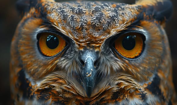 A close up of a screech owls head, showcasing its yellow eyes and sharp beak. The owl, a terrestrial animal, is a fascinating organism known for its adaptation to hunt at night