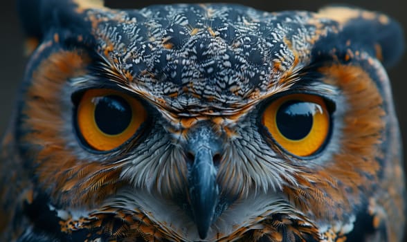 A close up of an Eastern Screech Owls face revealing its yellow eyes, distinctive iris, and sharp beak showcasing the owls adaptation as a bird of prey in nature