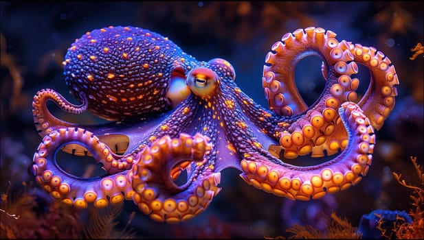 An electric blue octopus, a marine invertebrate, gracefully swims in the ocean. This cephalopod organism is truly a work of art in marine biology