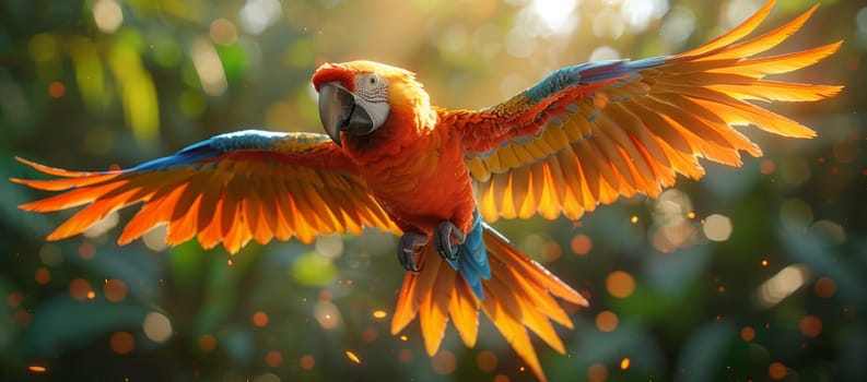 A vibrant parrot with colorful feathers is soaring through the sky, showcasing its impressive wingspan. The majestic bird of prey resembles a falcon as it gracefully navigates through the air