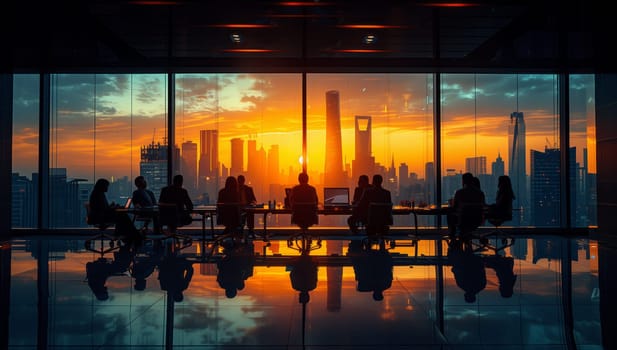 A group of people are gathered around a table by a window overlooking a city skyline at dusk, with skyscrapers silhouetted against the afterglow of the sunset