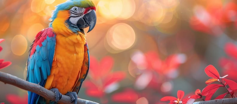 A beautiful Macaw parrot with vibrant feathers is perched happily on a tree branch. Its colorful beak and wings capture the essence of a joyful event. A perfect subject for macro photography