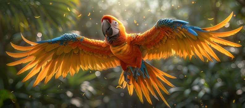 A vibrant parrot is soaring through the sky, displaying its colorful feathers and majestic wingspan like a bird of prey in the Accipitridae family