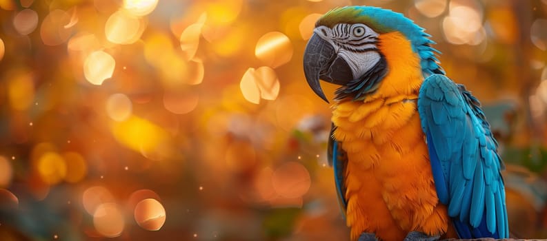 A vibrant orange Macaw parrot with fawncolored feathers is perched on a tree branch, its sharp beak and colorful wings making it a stunning terrestrial animal