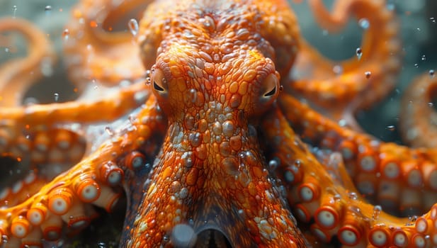 A marine invertebrate, the octopus is swimming underwater and making eye contact with the camera, potentially serving as a delicious ingredient in various cuisines