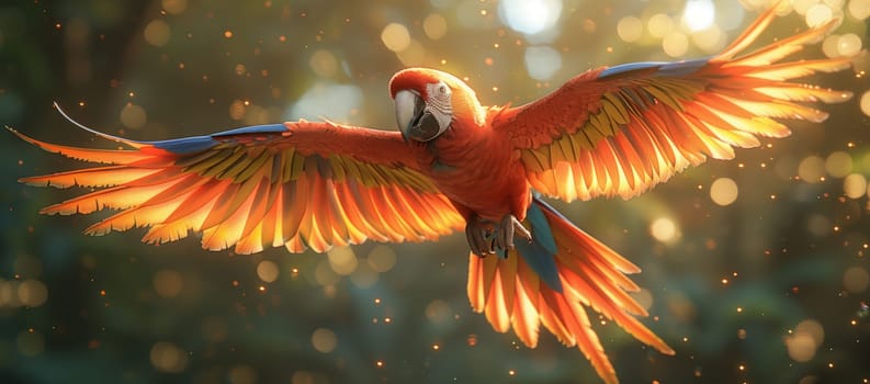 A vibrant red parrot gracefully soars through the sky, showcasing its majestic wingspan and colorful feathers as it navigates through the air