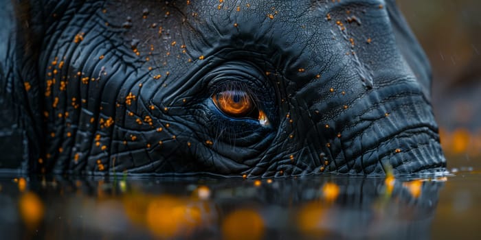 A closeup of a terrestrial animals electric blue eye with wrinkles and liquid reflections, captured through macro photography against a dark blurry background