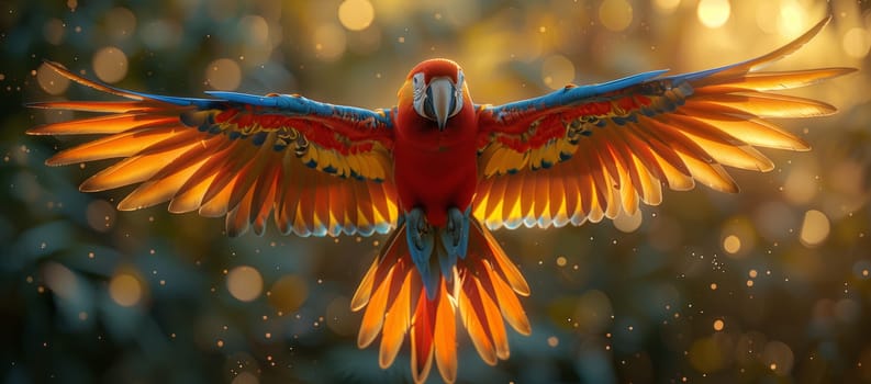 A colorful parrot is soaring through the sky with its vibrant feathers on display, a striking contrast to the lush greenery of the ecoregion below