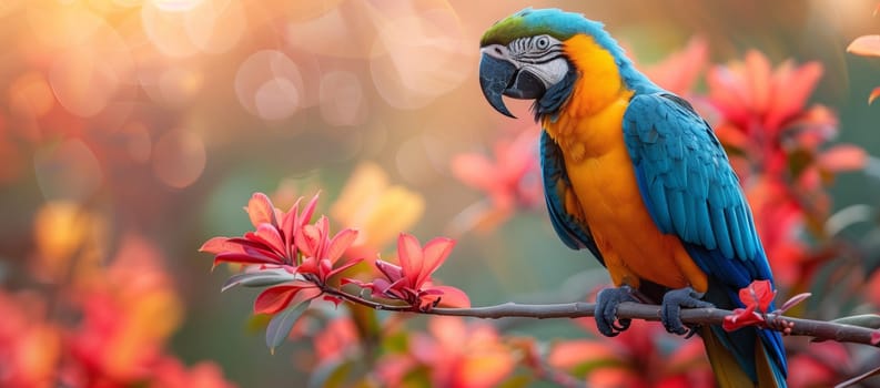 A vibrant blue and yellow parrot with colorful feathers is gracefully perched on a twig of a tree, showcasing its beautiful wing and tail feathers