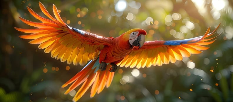 A vibrant parrot with colorful feathers and wings spread is gracefully flying through the air, showcasing its beauty and majestic presence in the environment