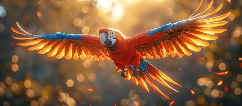 A vibrant red and blue parrot soars gracefully through the sky, showcasing its elegant wings and colorful feathers in this natural landscape