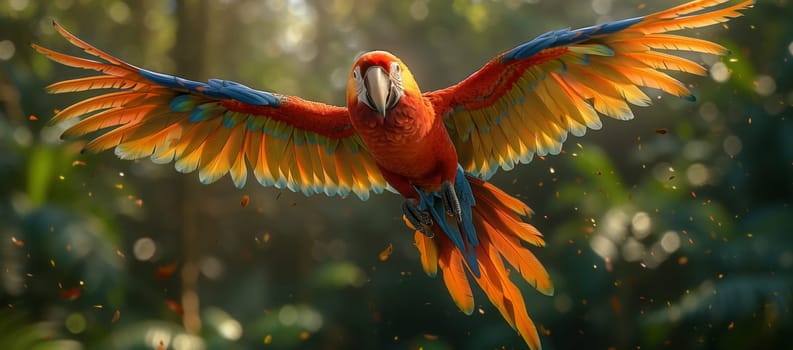 A vibrant parrot with colorful feathers is soaring through the sky in the jungle, showcasing its magnificent wings and distinctive tail
