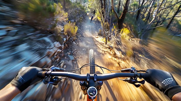 Cruising on a bicycle through the scenic natural landscape of trees and terrestrial plants, traveling down a dirt road surrounded by water and soil