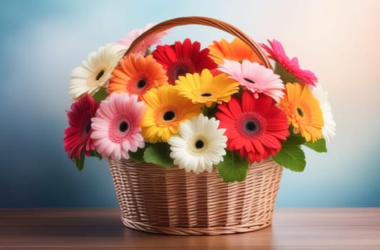 Lush bouquet of multi-colored gerberas in a basket, illustration in pastel colors. AI generated.