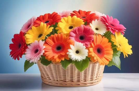 Lush bouquet of multi-colored gerberas in a basket, illustration in pastel colors. AI generated.