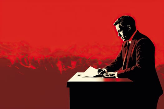 Image of a male politician at a table with papers on a red background. Concept of elections, politics, democracy.