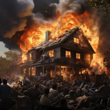 A moment captured as a sizable gathering of individuals stands together in front of a blazing residential property, while firefighters work diligently in the background and the press documents the scene.