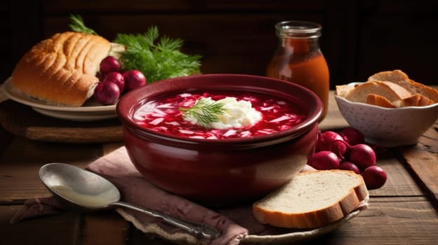 A bowl of borscht filled with vibrant red soup, topped with a dollop of sour cream and garnished with fresh cranberries.
