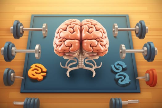 An image showing a computer generated human brain surrounded by dumbbells, symbolizing the concept of brain health and exercise.