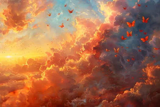 A beautiful painting of a sunset with butterflies gracefully flying in the amber sky, surrounded by orange cumulus clouds and a warm afterglow