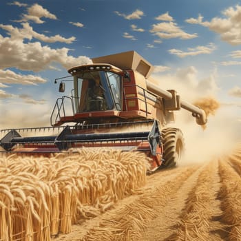 A large combine machine diligently harvesting wheat crops in a vast field.