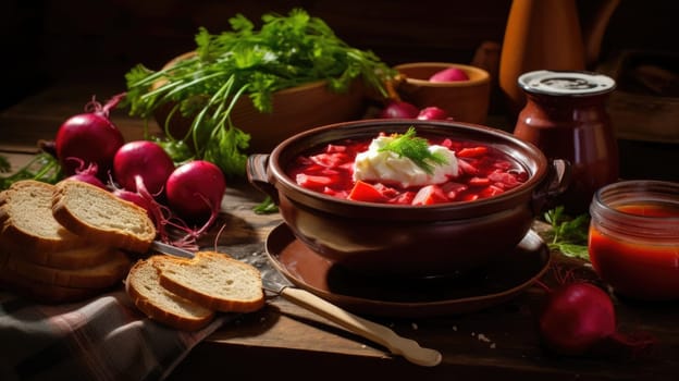 A table featuring a bowl of borscht soup and a loaf of bread.