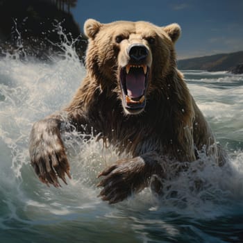An artwork depicting a bear swimming in water.
