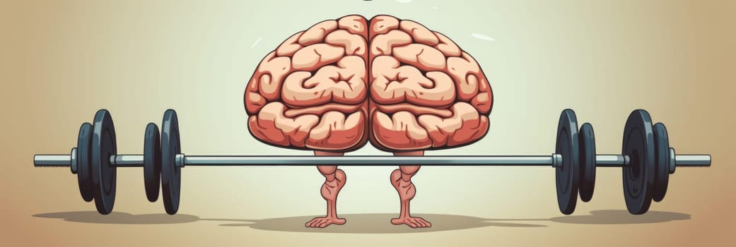 A cartoon image of a brain flexing its muscles while lifting a barbell.