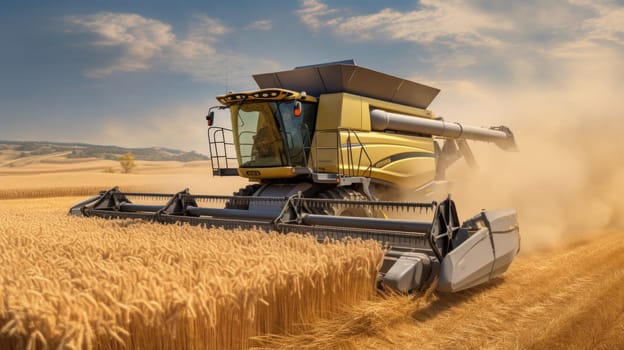 A combine machine efficiently harvests ripe wheat in a vast field.