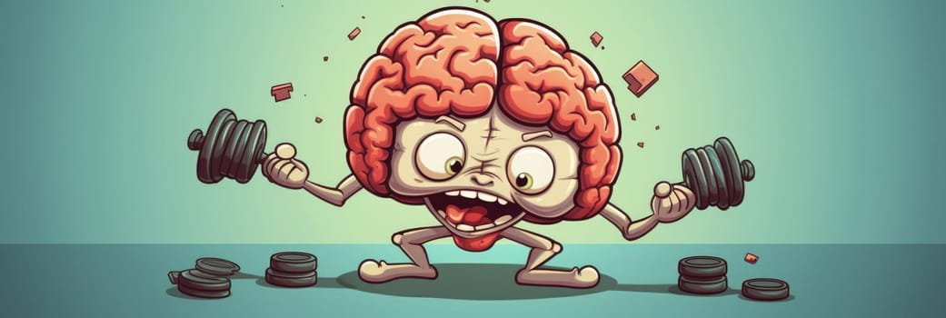A cartoon brain engaging in strength training by lifting a pair of dumbbells.