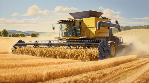 A painting capturing the action of a combine harvesting wheat in a wheat field.