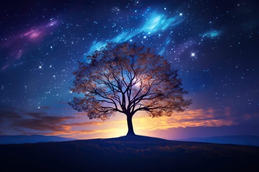 Silhouette of a tree against the background of the night starry sky.