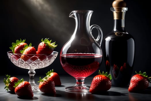 strawberry red wine in a glass and decanter against the background of ripe strawberries on the table.